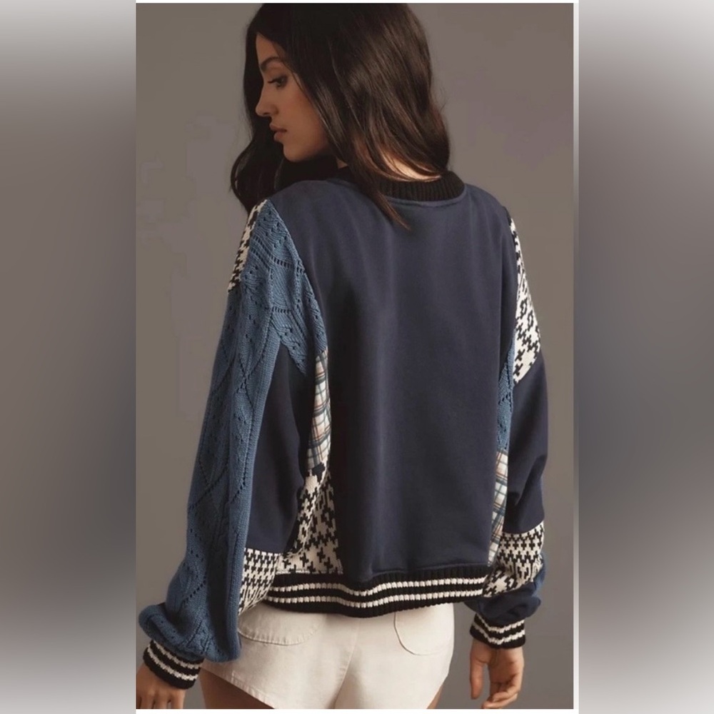 Pilcro/Anthropologie Mixed Media Sweatshirt in Blue Pattern Size M. NWT - Picture 2 of 12